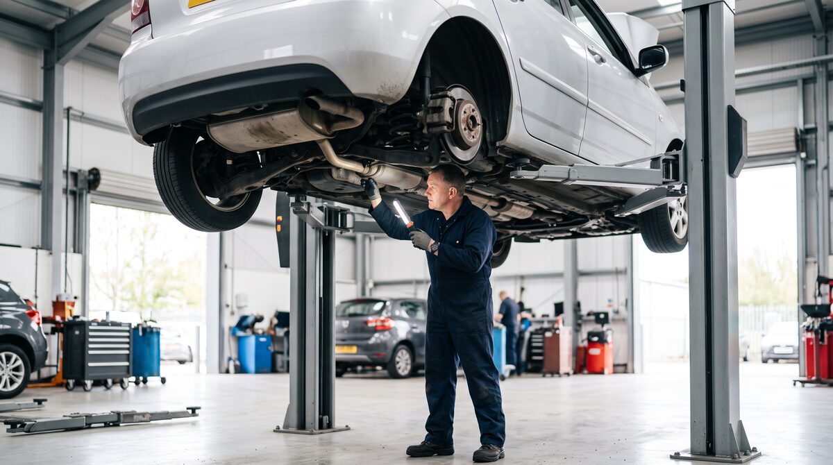 Mechanic carrying out a pre-purchase car inspection on a hoist in NZ