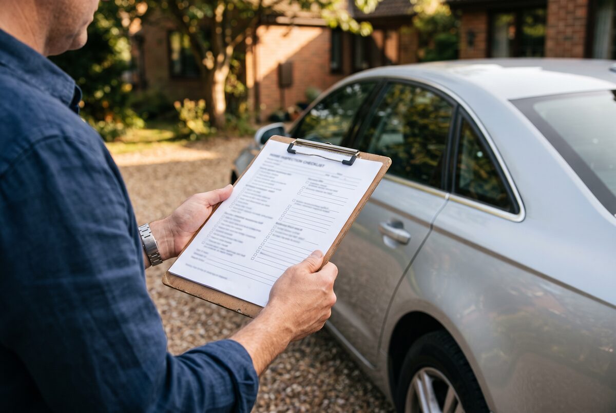 Reviewing a written pre-purchase inspection report before buying a used car
